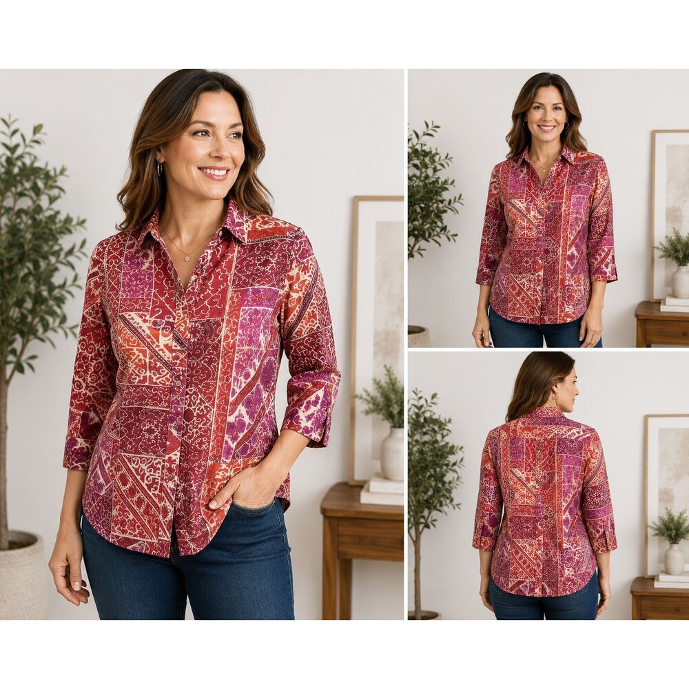 Lauren Ralph Lauren Women's M Paisley Button Front Cotton Shirt Red Purple Boho